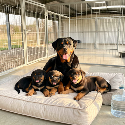 Une chienne Rottweiler et plusieurs chiots en bonne santé dans un élevage propre, spacieux et respectueux du bien-être animal.