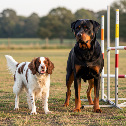 Un Épagneul breton énergique et un Rottweiler attentif côte à côte dans un terrain d’éducation canine en pleine campagne.