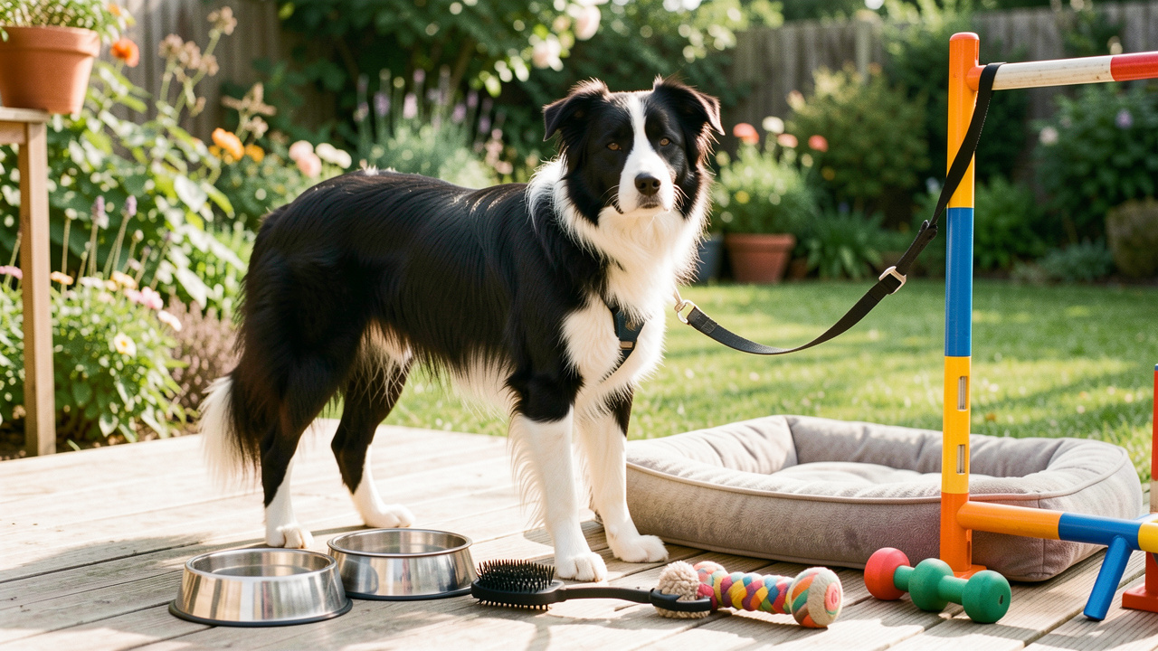 Border Collie noir et blanc entouré de ses équipements essentiels du quotidien, notamment une laisse, un harnais, des gamelles, un panier, une brosse, un jouet et des accessoires d’agilité.