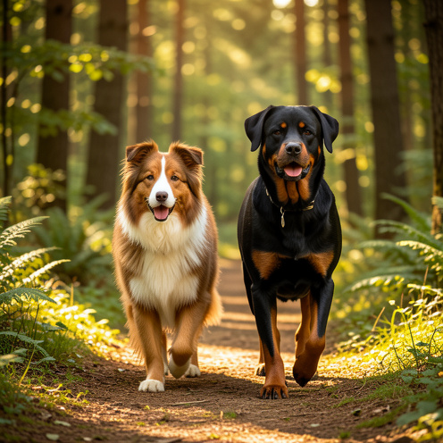 Un Eurasier et un Rottweiler adultes marchent calmement côte à côte sur un sentier forestier, illustrant leurs tempéraments, leur sociabilité et leur aptitude à l’éducation.