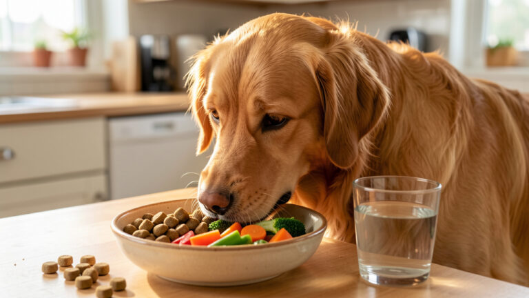 Golden Retriever en bonne santé mangeant un repas équilibré dans une cuisine lumineuse.
