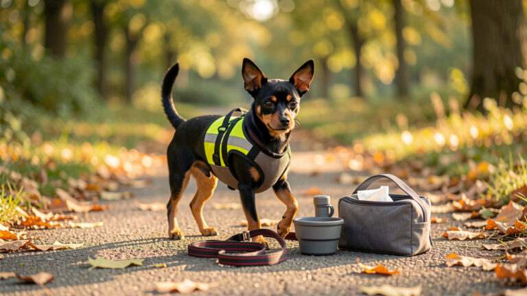 Pinscher nain noir et feu équipé d’un harnais rembourré et d’un gilet réfléchissant, avec les accessoires essentiels pour une promenade sûre et confortable dans un parc.