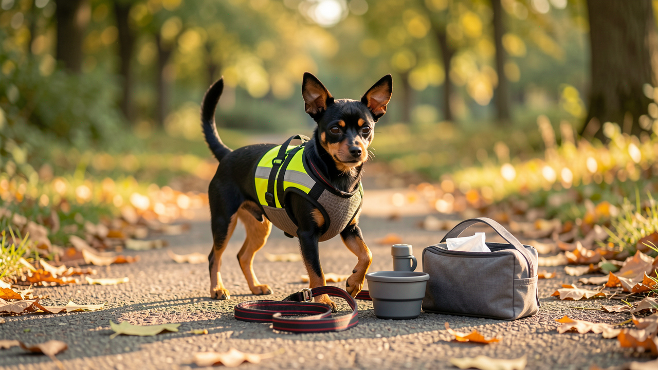 Pinscher nain noir et feu équipé d’un harnais rembourré et d’un gilet réfléchissant, avec les accessoires essentiels pour une promenade sûre et confortable dans un parc.