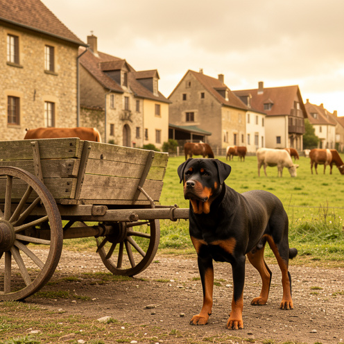 Rottweiler noir et feu debout près d’une charrette traditionnelle, dans un village rural européen évoquant l’histoire et les fonctions de la race.