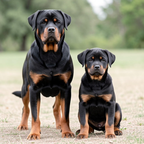 Un Rottweiler adulte se tient aux côtés d’un jeune chiot Rottweiler, mettant en évidence les différences de taille, de corpulence et les caractéristiques physiques de la race.