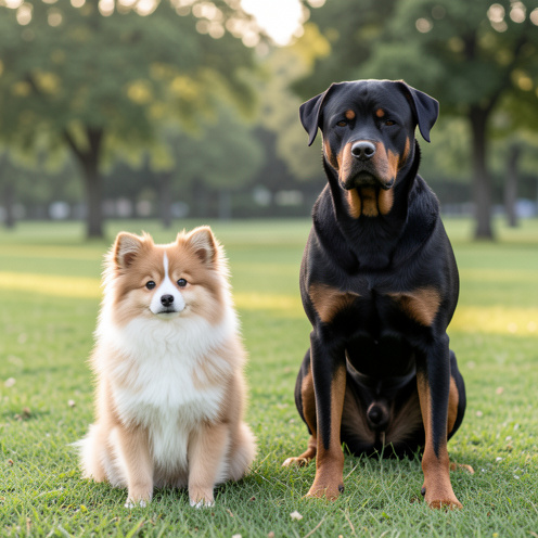 Un Pomsky de petite taille et un Rottweiler de grande taille debout côte à côte dans un parc, illustrant leurs différences de gabarit et d’énergie.