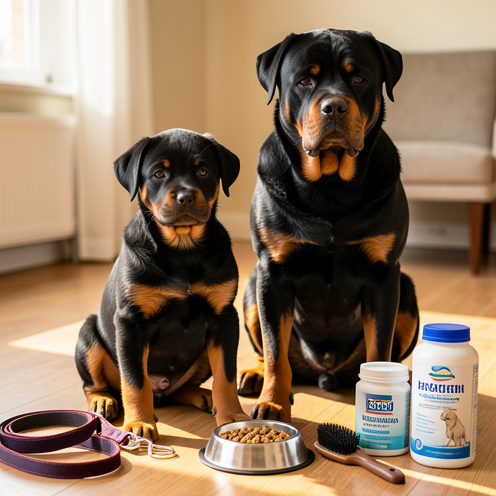 Un chiot Rottweiler assis près d’un Rottweiler adulte, entouré d’accessoires de soins et d’élevage dans un intérieur chaleureux.