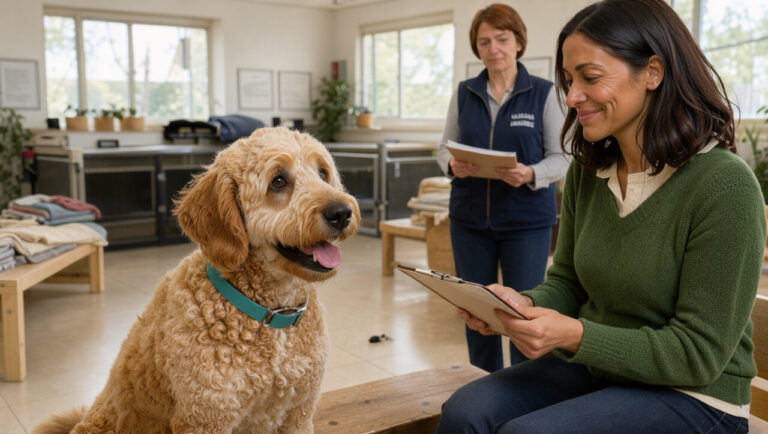 Un Labradoodle assis dans un refuge animalier lumineux auprès d’une femme réfléchie qui se renseigne avant l’adoption.