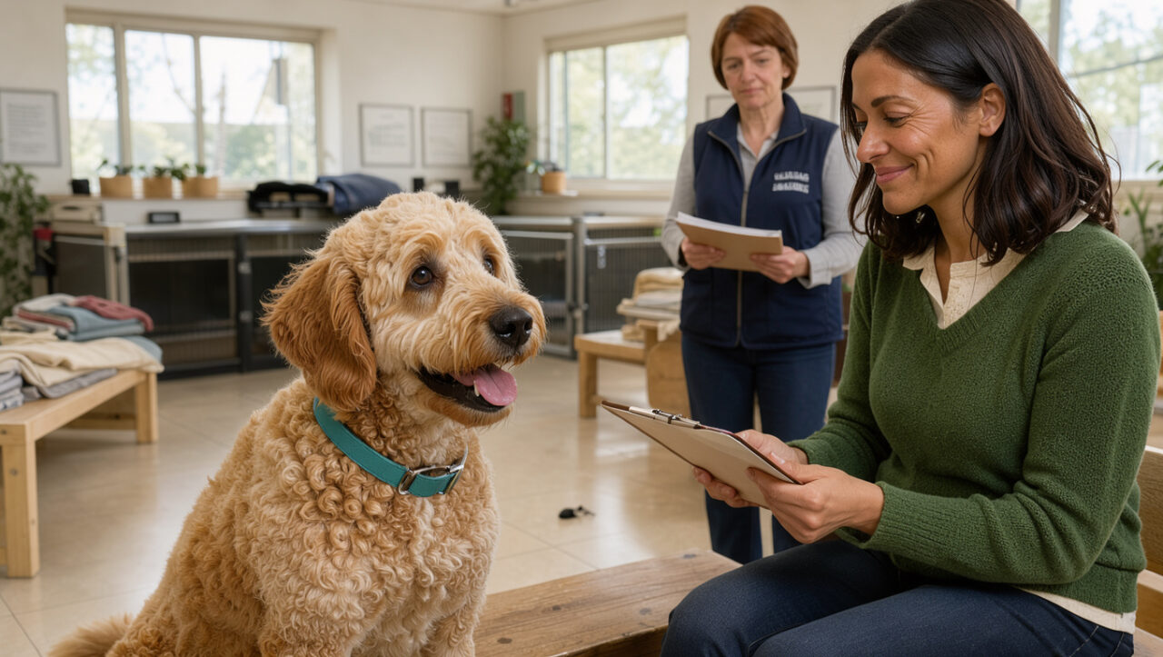Un Labradoodle assis dans un refuge animalier lumineux auprès d’une femme réfléchie qui se renseigne avant l’adoption.