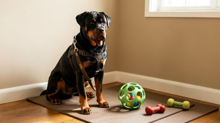 Rottweiler adulte calme entouré d’équipements adaptés pour l’éducation et la gestion de son tempérament au quotidien.
