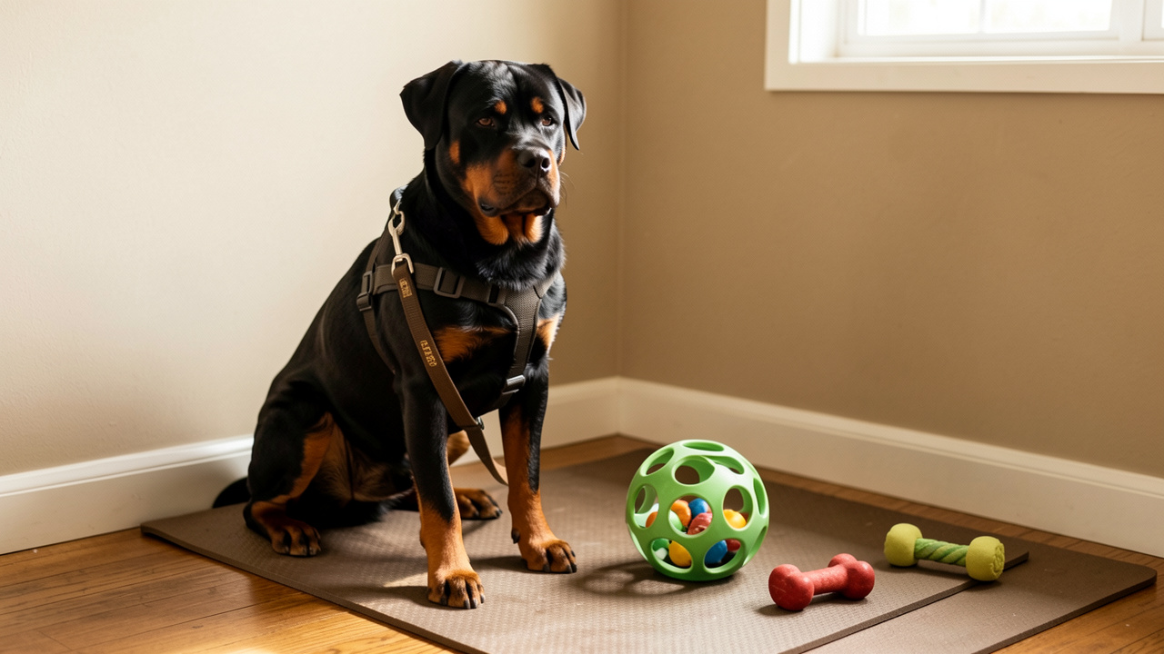 Rottweiler adulte calme entouré d’équipements adaptés pour l’éducation et la gestion de son tempérament au quotidien.