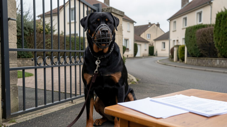 Rottweiler calme portant une laisse et une muselière devant un portail résidentiel sécurisé, évoquant les obligations de détention en France.