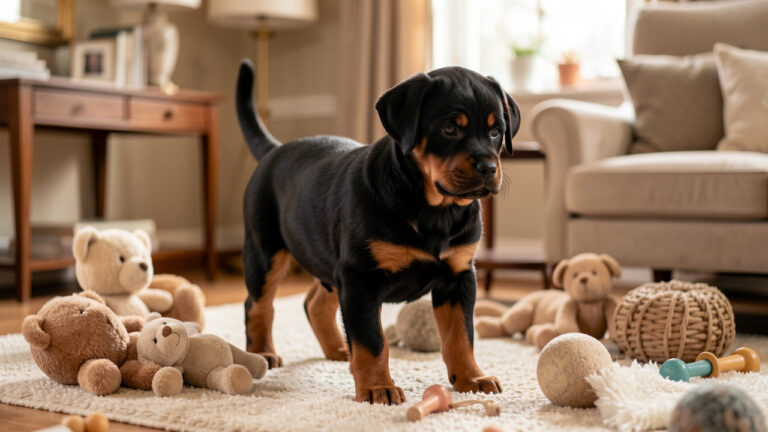 Chiot Rottweiler noir et feu explorant calmement un intérieur élégant, entouré de jouets et de textures variées favorisant sa socialisation.