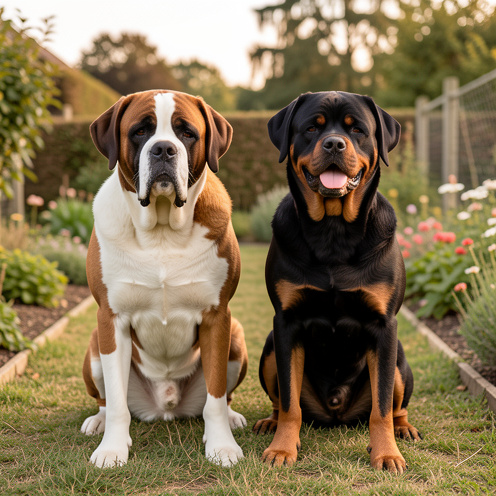 Un Saint-Bernard et un Rottweiler se tiennent côte à côte dans un jardin, illustrant leurs différences de gabarit, de morphologie et de tempérament.