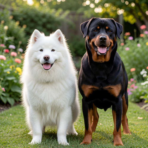 Un Samoyède blanc et un Rottweiler noir et feu se tiennent côte à côte dans un jardin, illustrant leurs différences de caractère, d’activité et d’entretien.