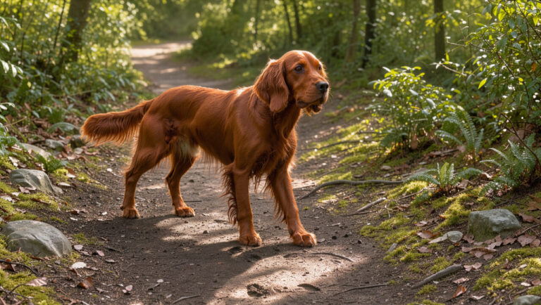 Setter irlandais faisant une promenade équilibrée en forêt, alternant marche active et pauses reposantes.