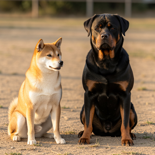 Un Shiba Inu et un Rottweiler assis côte à côte pendant une séance d’éducation canine en extérieur.