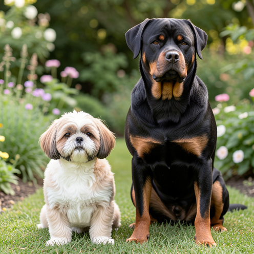 Un petit Shih Tzu et un grand Rottweiler debout côte à côte dans un jardin, illustrant leurs différences de taille, de morphologie et d’apparence.