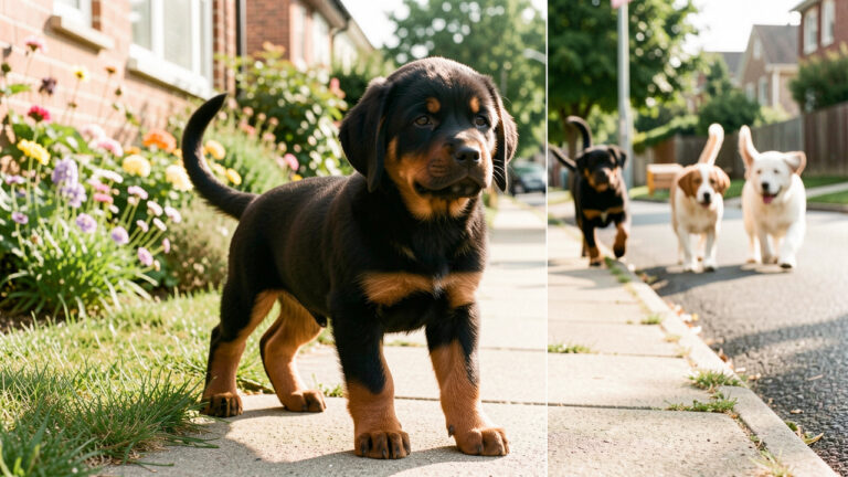 Jeune Rottweiler évoluant progressivement de deux à douze mois dans différents environnements calmes et sécurisés, au contact de chiens équilibrés.