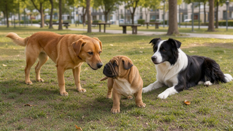 Un chiot Shar Pei renifle calmement deux chiens amicaux dans un parc lumineux, illustrant une socialisation positive.