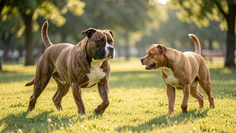 Staffordshire Bull Terrier bringé, détendu et attentif, marchant calmement dans un parc ensoleillé près d’un autre chien.