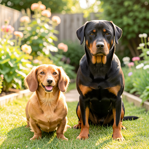 Un teckel et un rottweiler se tiennent côte à côte dans un jardin lumineux, illustrant leurs différences de taille et de tempérament.