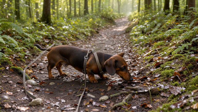 Teckel nain attentif qui renifle un sentier forestier pendant une promenade quotidienne, tenu calmement par une longe.