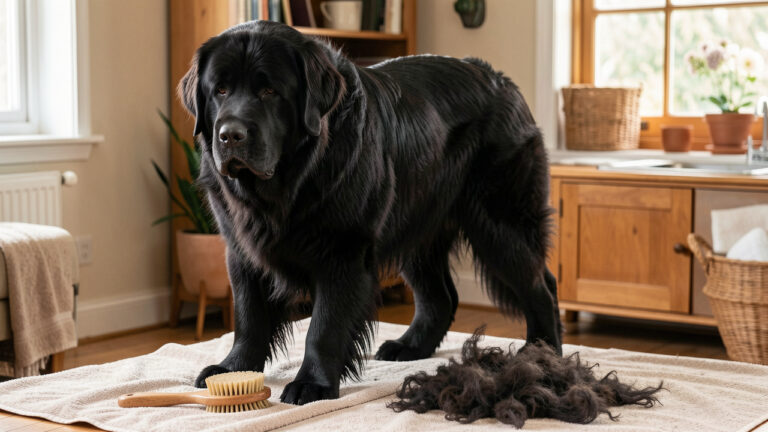 Chien Terre-Neuve au pelage noir dense dans un espace de toilettage, avec une brosse et des poils de mue recueillis sur une serviette.
