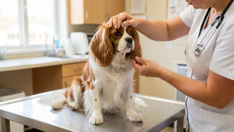 Un Cavalier King Charles Spaniel est examiné avec douceur dans une clinique vétérinaire avant une adoption responsable.